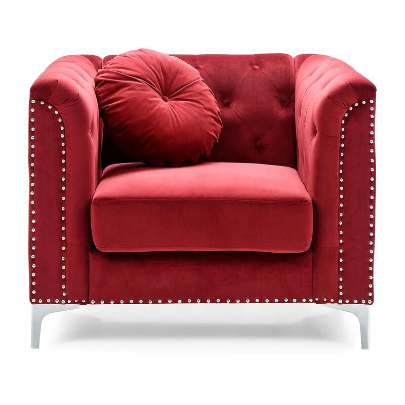 Button Tufted Velvet Accent Chair with Throw Pillow - 38" - Red and Silver