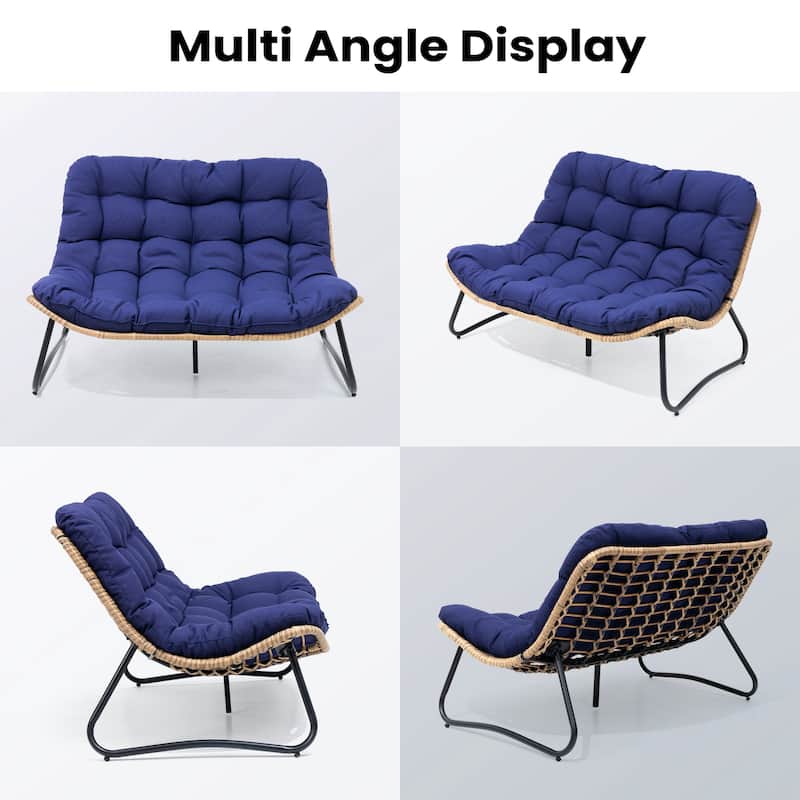 Double Papasan PE Rattan Chair Loveseat with Cushion For Indoor Outdoor