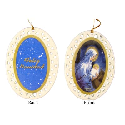 Club Pack of 192 Ivory and Blue Jesus with Holy Mary Christmas Ornaments 3.75"