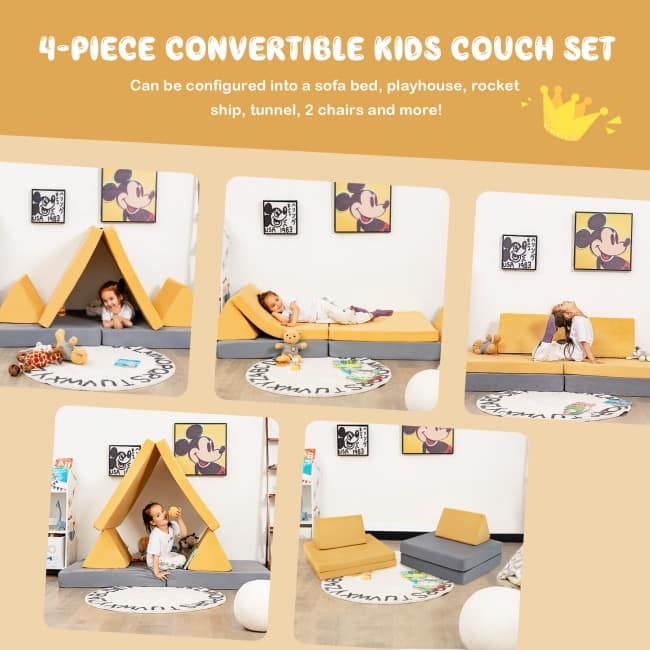 4-Piece Convertible Kids Couch Set with 2 Folding Mats - 66" x 33" x 5.5" (L x W x H)