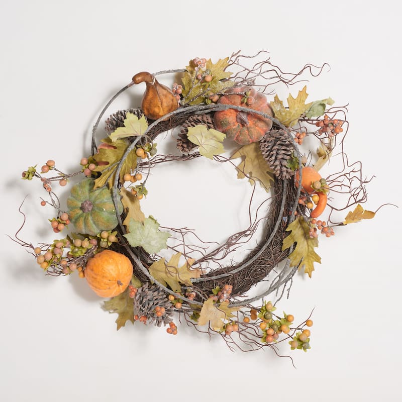 SAFAVIEH Nuran Faux 24 Inch Oak Leak Wreath with Pumpkins - 24" W x 24" D x 7" H - 24Wx24Dx7H