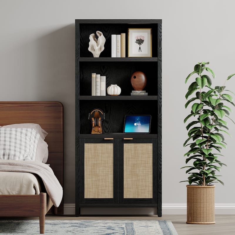 SICOTAS 5 Tier Adjustable Bookcase with Rattan Storage Cabinet