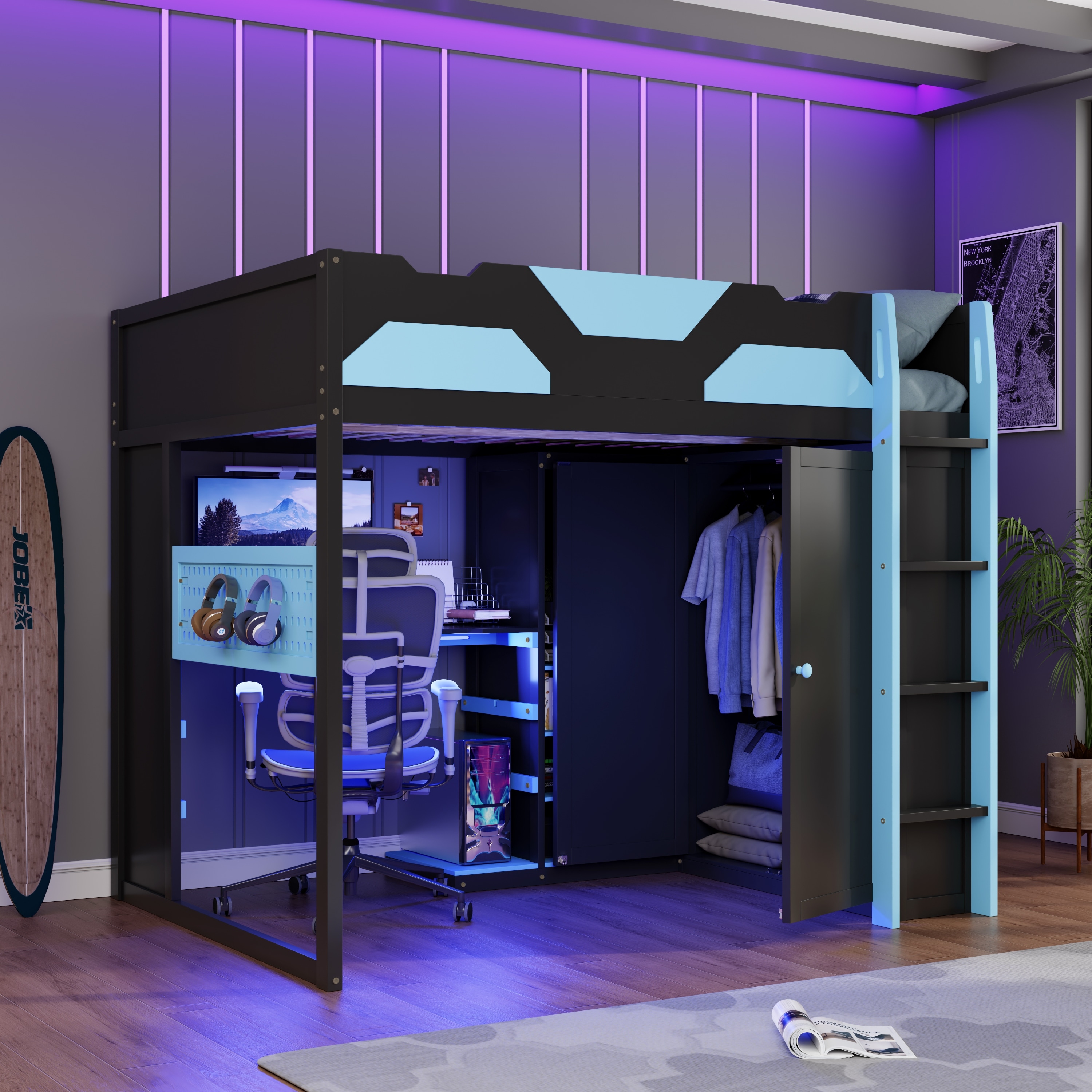 All-in-one Esports Gaming & Work Loft Bed with Adjustable Desk, LED, Charging Station, Pegboard, Storage Shelves and Wardrobe