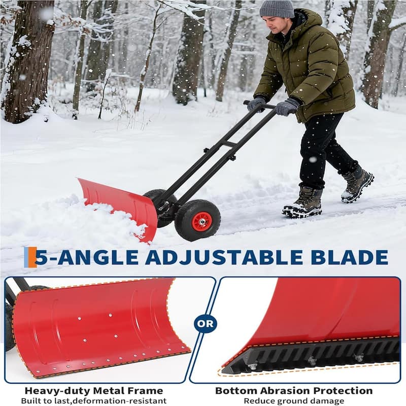 29x14 In Heavy Duty Rolling Snow Shovel With Wheels Double Armrests - 29x14 In