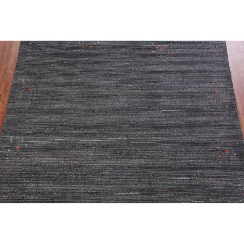 Hand Knotted Oriental 100% Wool Carpet Tribal Stripe Greys & Charcoal Gabbeh Area Rug - 9' 6'' X 9' 9''