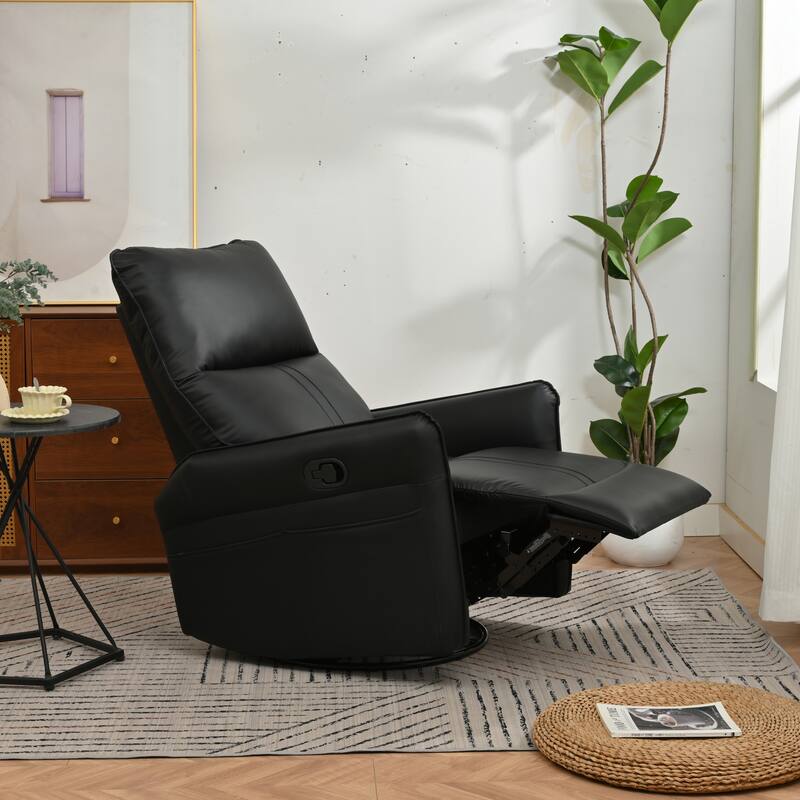 PU Rocking Recliner Chair, 360 Swivel Nursery Rocking Chair, Rocking Swivel Recliner Chair for Bedroom, Side Pocket