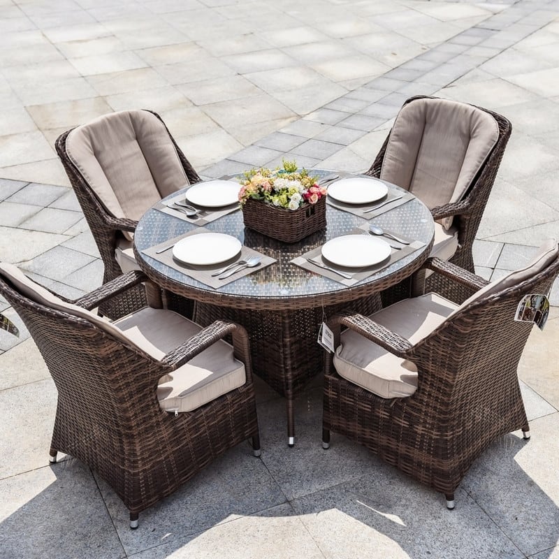 5-pieces Patio Wicker Round Dining Set with 4 Armchairs - Brown