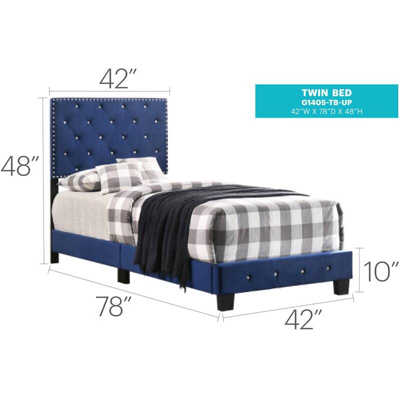 Classic Twin Bed Navy Blue - Velvet Upholstered Bed with Tufting & Jewels - Elegant Bedroom Furniture