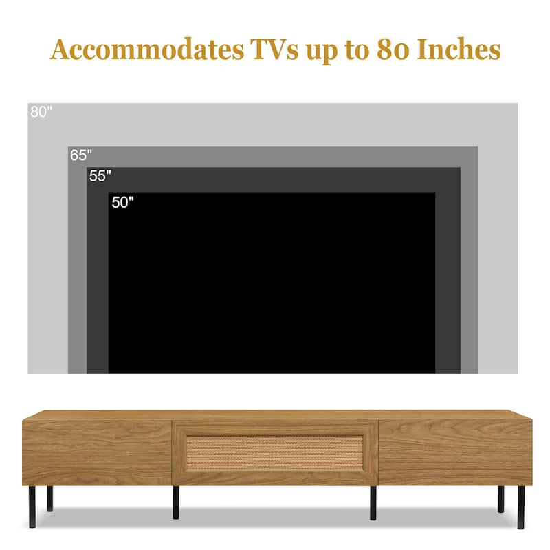 Anmytek Wooden TV Stand with Rattan Storage for up to 80 Inch TV, Rustic Bohemian Living Room Entertainment Center