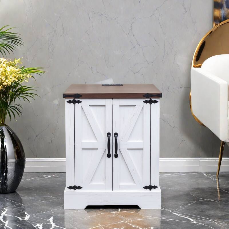 19.6" Rustic Grey End Table with Charging Station (2AC+2USB), Barn Doors & Adjustable Shelf - White + Deep Walnut
