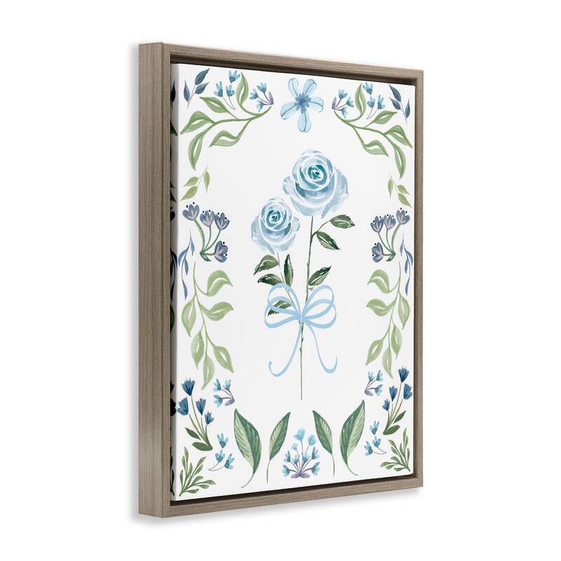 Stupell Blue Roses & Floral Border Framed Floater Canvas Wall Art Design By Kristen Brockmon