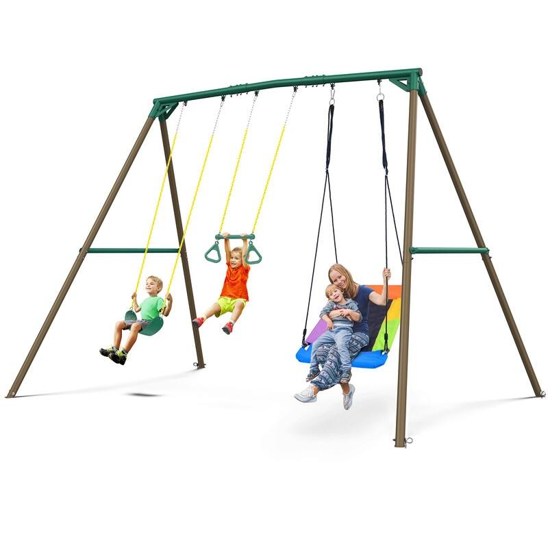 9.5' Heavy Duty Metal Swing set for Backyard with Platform Swing, Belt Swing, and Trapeze Bar