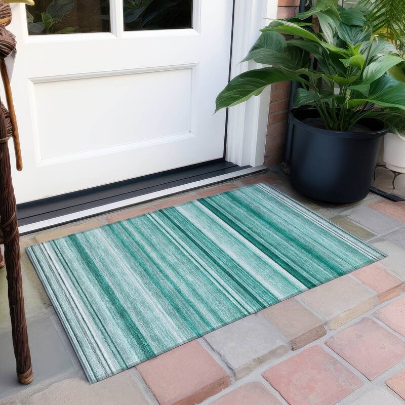 Machine Washable Indoor/ Outdoor Chantille Multi Stripe Rug - Aqua - 1'8" x 2'6"