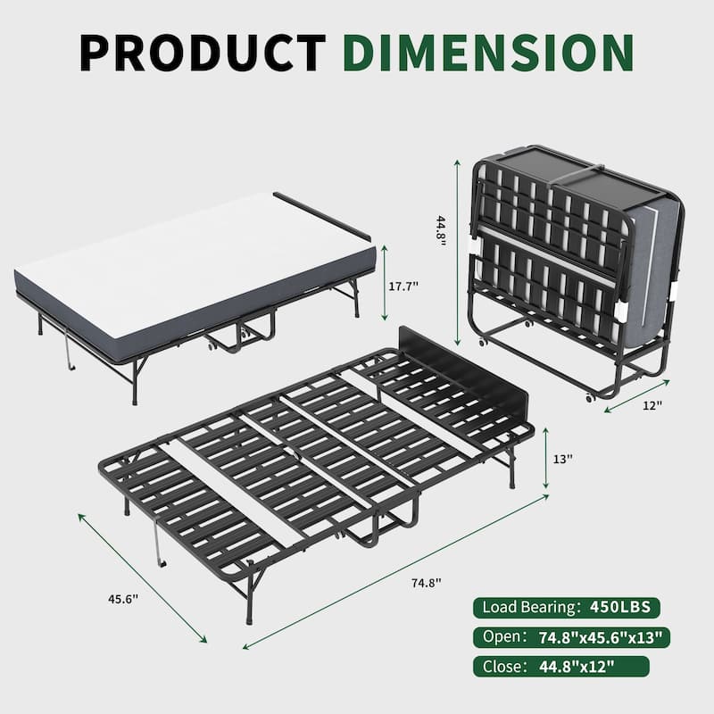 75" Wide Folding Bed with Adjustable Headboard, Extra Long Rollaway Bed, 5" Memory Foam Mattress, Heavy-Duty Guest Bed