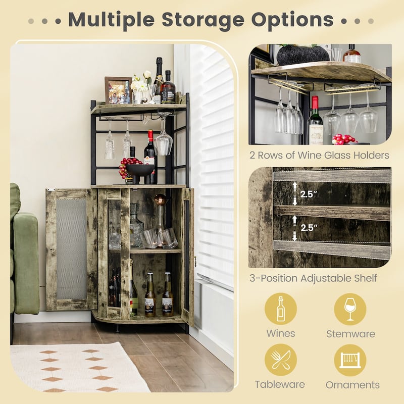 Industrial Corner Bar Cabinet with Glass Holder and Adjustable Shelf - 19" x 19" x 51"