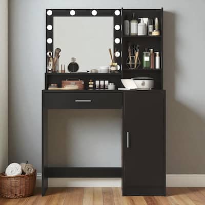 Makeup Vanity Table with Adjustable Lighting, Oversized Drawer, 3 Shelves and Cabinet Storage