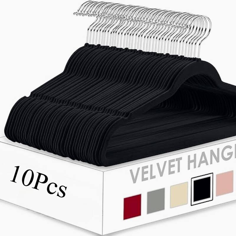 Flocking non-slip plastic hanger velvet thickened clothes rack 50pc - 10pack - Black