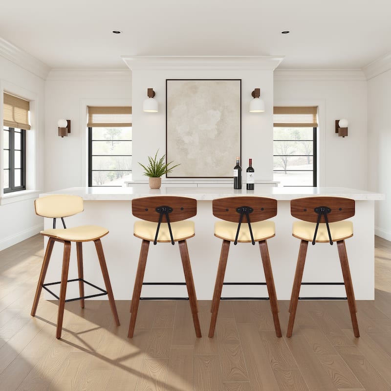Fox Mid-Century Bar Stool, Upholstered Counter Height Chair with Bentwood Legs - Set of 4 - Cream & Walnut - Bar Height
