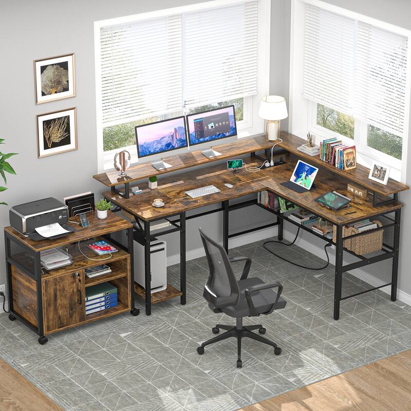 L Shape Computer Desk Reversible Gaming Desk with Charge Station and LED Light - Rustic Brown
