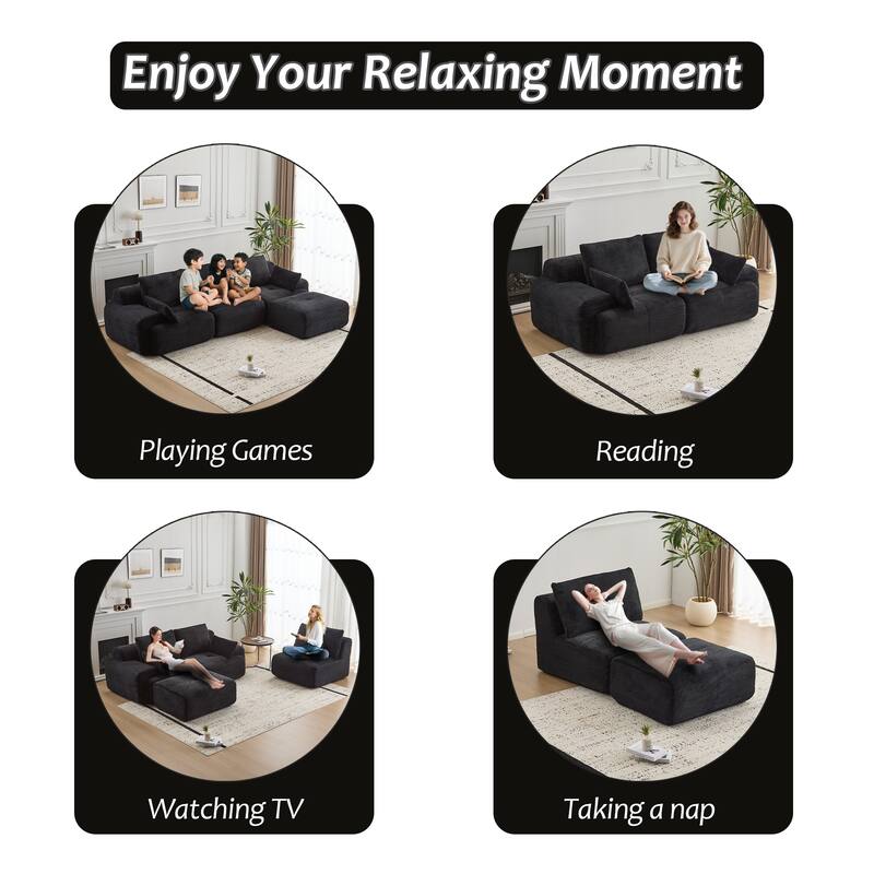 L Shaped Modular Sectional Sofa with Ottoman, Corduroy Upholstered Cloud Sofa, Compressed Sofa with Cushions & Throw Pillows