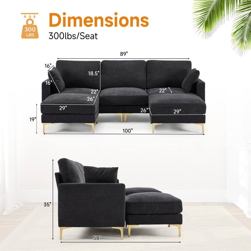 100'' W Gold Leg Square Arm Sofa with 2 Ottomans