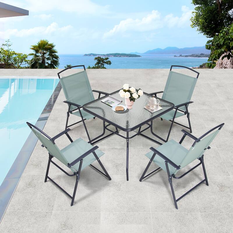 Outdoor 5-piece Patio Dining Set Folding Chairs and Glass Table with Umbrella Hole - See the specifications