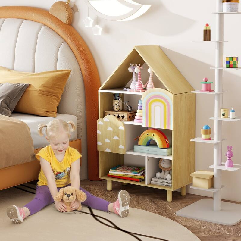 Gymax House-Shaped Kids Bookshelf 4-Tier Toy Storage Organizer w/ Open