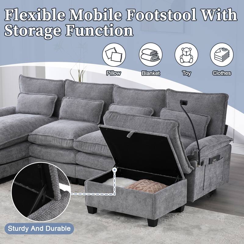 Chenille U-shape Sectional Sofa with Chaise and Storage Ottoman, Modular Couch with USB/Type-C Ports, Side Pockets, Phone Holder
