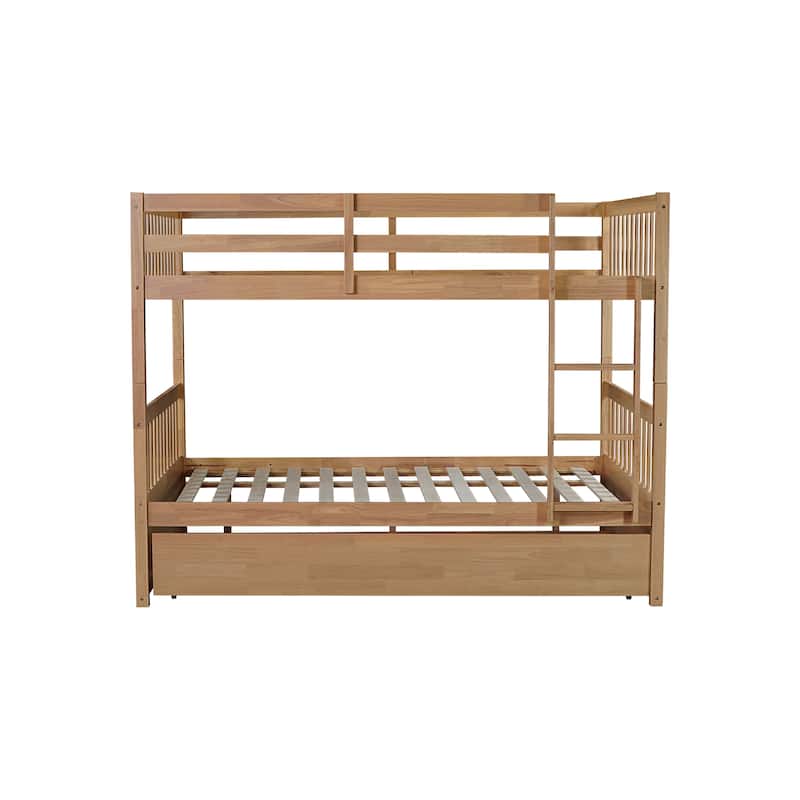 Full Over Full Bunk Bed Wood Bunk Bed with Trundle, Ladder and Guardrails,Convertible to 2 Bed for Teens, Adults