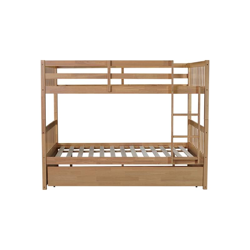 Full Over Full Rubber Wood Bunk Bed with Trundle, Ladder and Guardrails, 2 Full Size Beds, with Twin Size Trundle