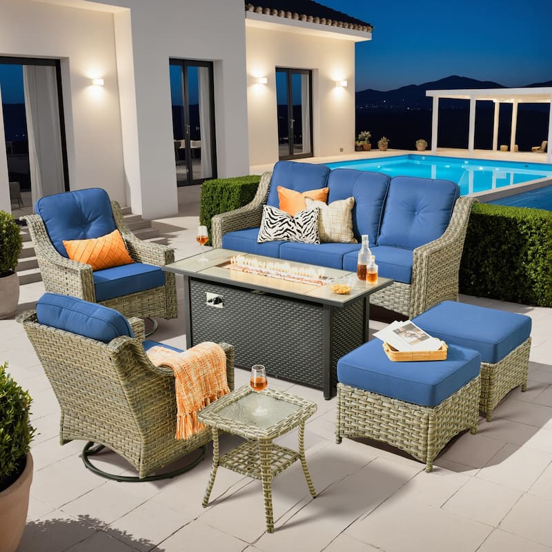 ​​OVIOS 7 Pieces Outdoor Wicker Swivel Chair Set with 54" Fire Table​