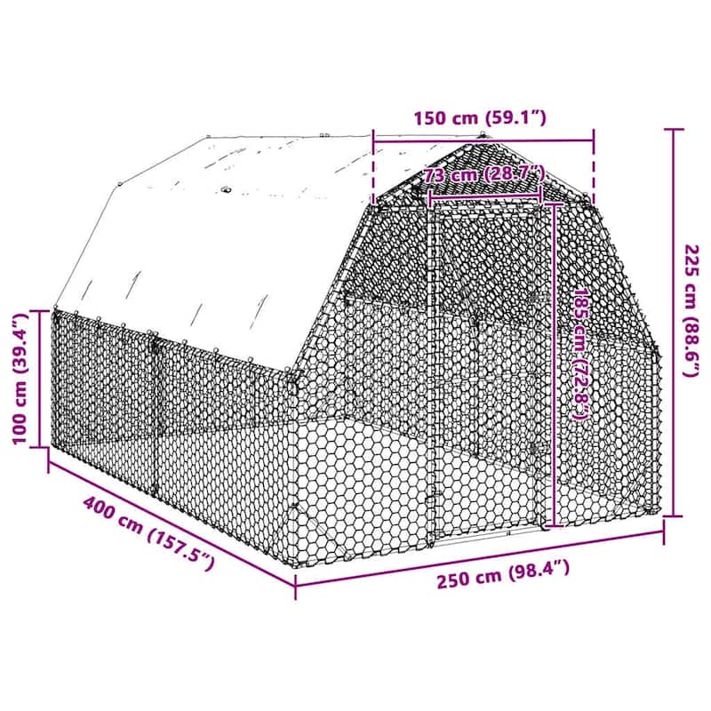 vidaXL Chicken Run Silver, Green Galvanized Steel, PE Large Durable - Silver - 157.5 x 98.4 x 88.6