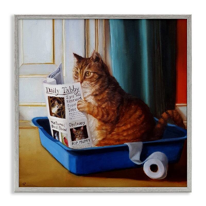 Stupell Litter Box Reading Funny Cat Pet Painting, 12x12, Framed Wall Art, Design by Lucia Heffernan - Multi-Color - 24 x 24 - Wood - Grey