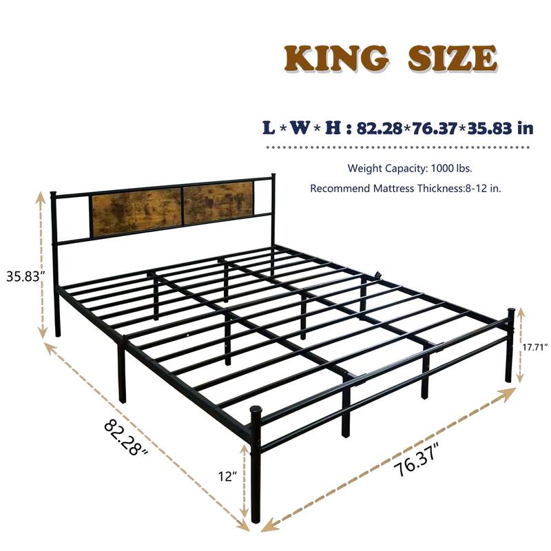 Queen Size Metal Platform Bed with Wood Headboard and Footboard, 14" Under-Bed Storage