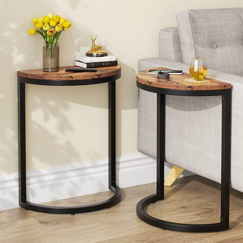 End Table Half Round, Narrow Side Table, Slim C Table for Sofa Couch - 2PCS - Brown
