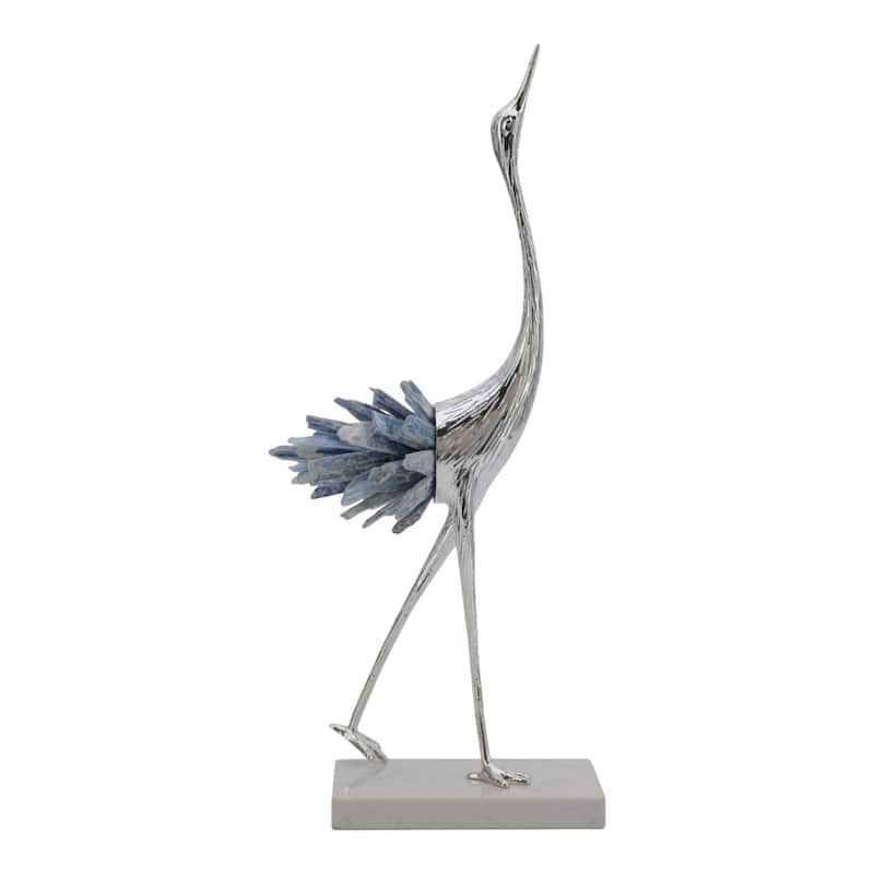 Abstract Metal and Stone Crane Sculpture Crystal Accent on Sturdy Base - 5.25" x 3.25" x 13.75" - 5.25" x 3.25" x 13.75" - Blue