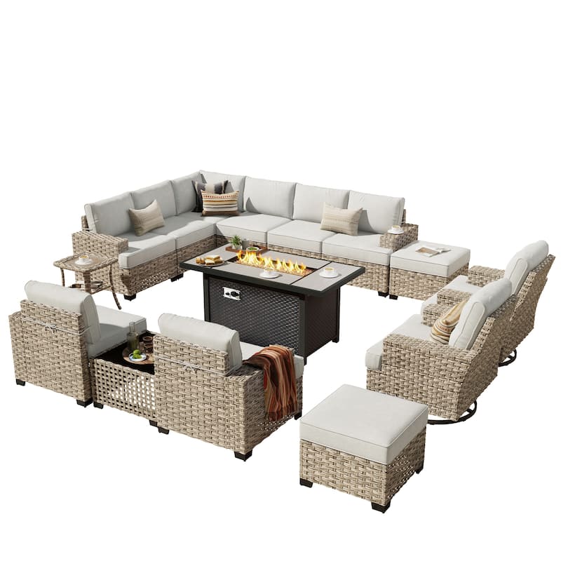 HOOOWOOO 15-piece Outdoor Sofa Patio Wicker Furniture Sectional Set with 54" Fire Pit Table