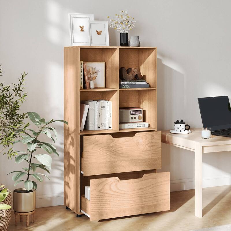 Costway 2PCS 51” 5-Tier 4-Cube Bookcase with 2 Drawers for Living - See Details