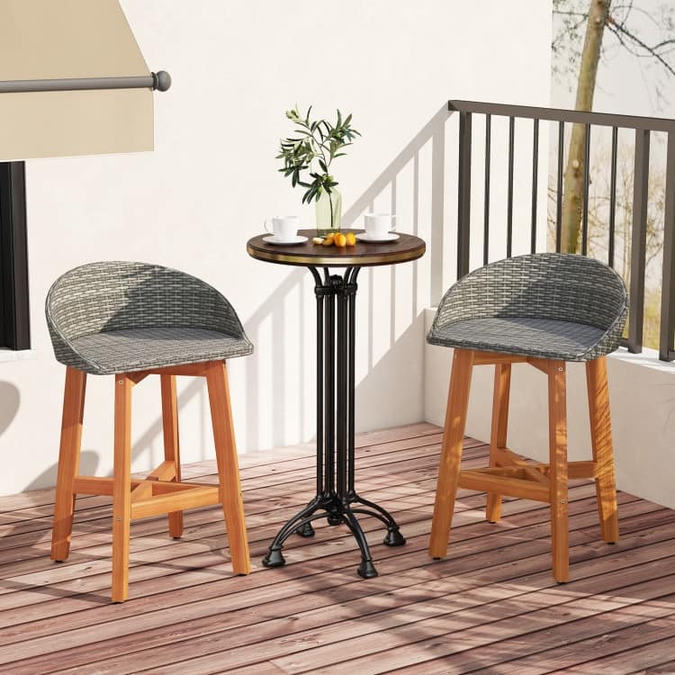 Acacia Wood and Rattan Patio Bar Stools Set of 2 with Backrest and Armrests - 21" x 19" x 32.5" (L x W x H)