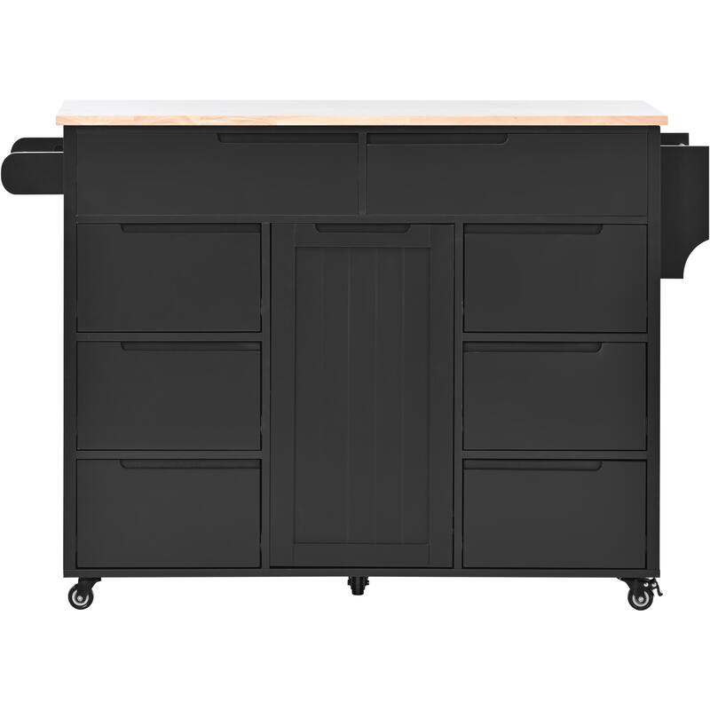 Kitchen Island with 8 Handle-Free Drawers, Rubber Wood Top, Flatware Organizer & 5 Wheels for Storage & Organization