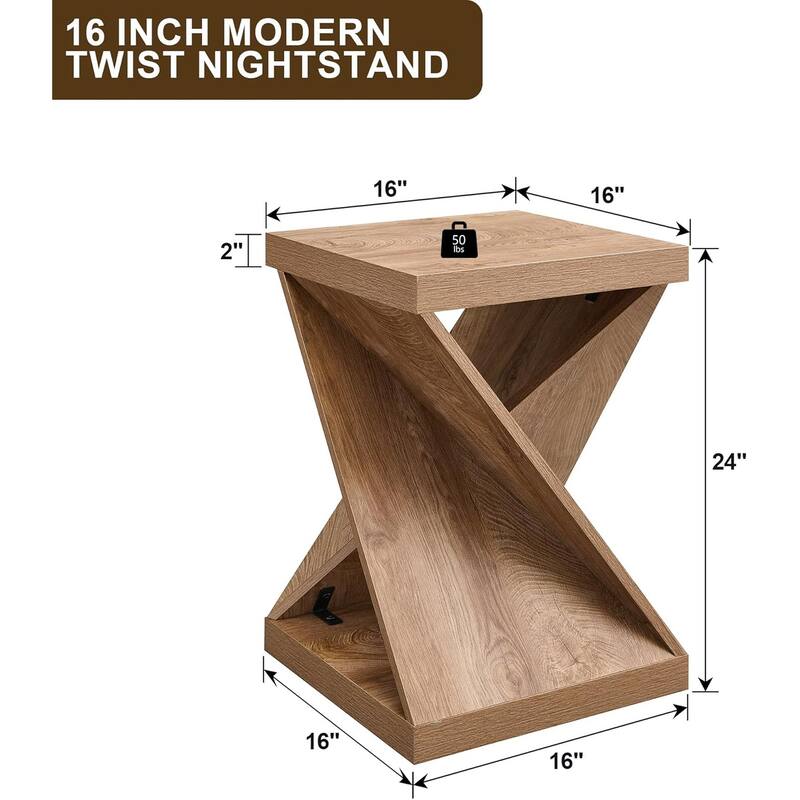 16" Modern Nightstand, Twisted Side Table, Square Rustic End Table