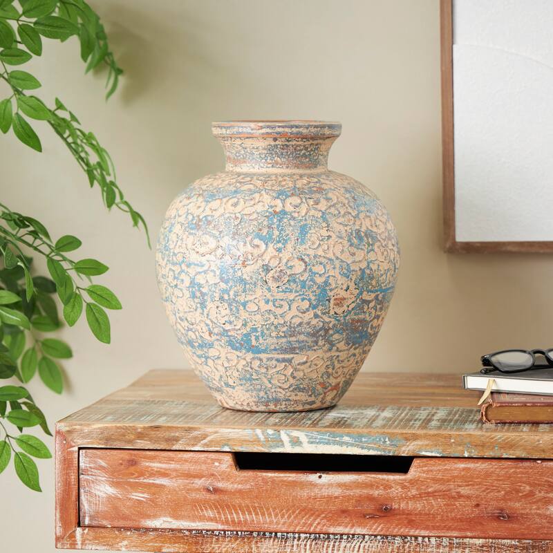 Beige Ceramic Handmade Antique Style Wide Rounded Scroll Decorative Vase with Blue and Copper Accents - Beige