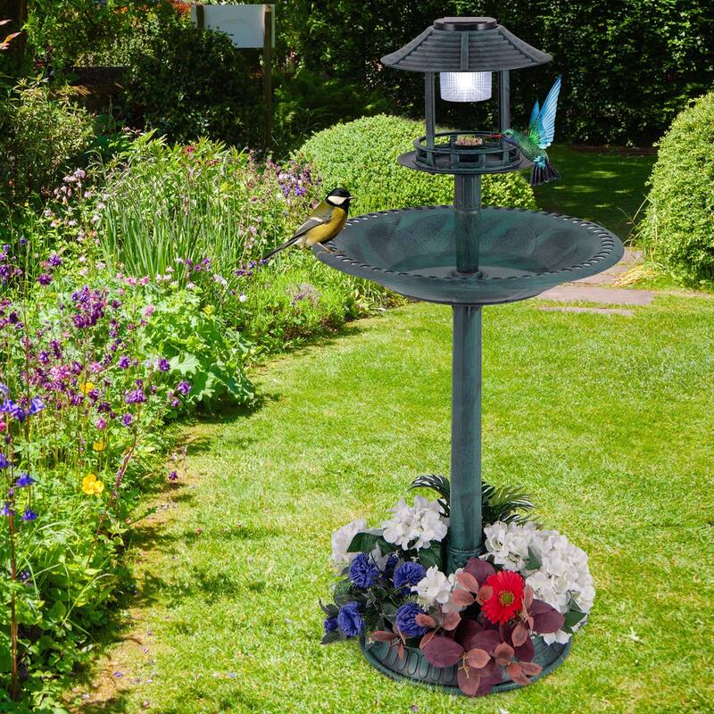 Costway 3-In-1 Pedestal Bird Bath with Solar Light with Bird Feeder & - See Details