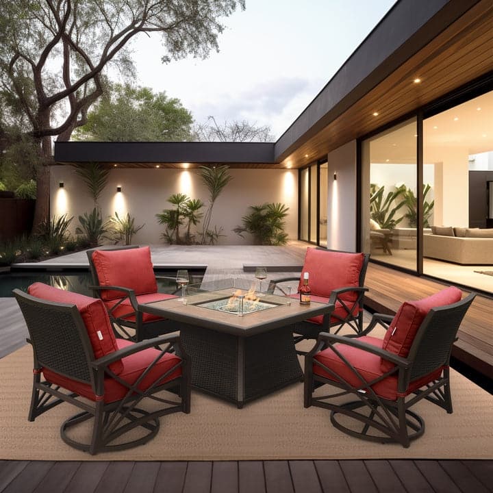 Elio 5 PC Propane Fire Pit Table Set for Patio (50,000 BTU) - Brown/Red