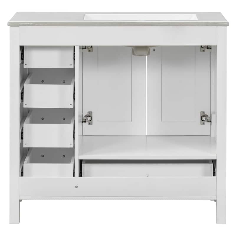 36 inch Solid Wood and MDF Freestanding Bathroom Vanity Set with Ceramic Sink 5 Drawers and Soft-Close