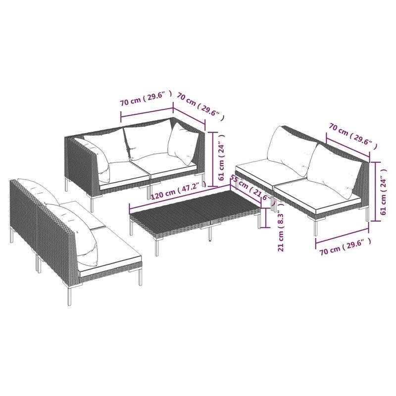 vidaXL Patio Lounge Set Outdoor Sectional Sofa Set Table Poly Rattan Dark Grey - 27.6" x 27.6" x 24"