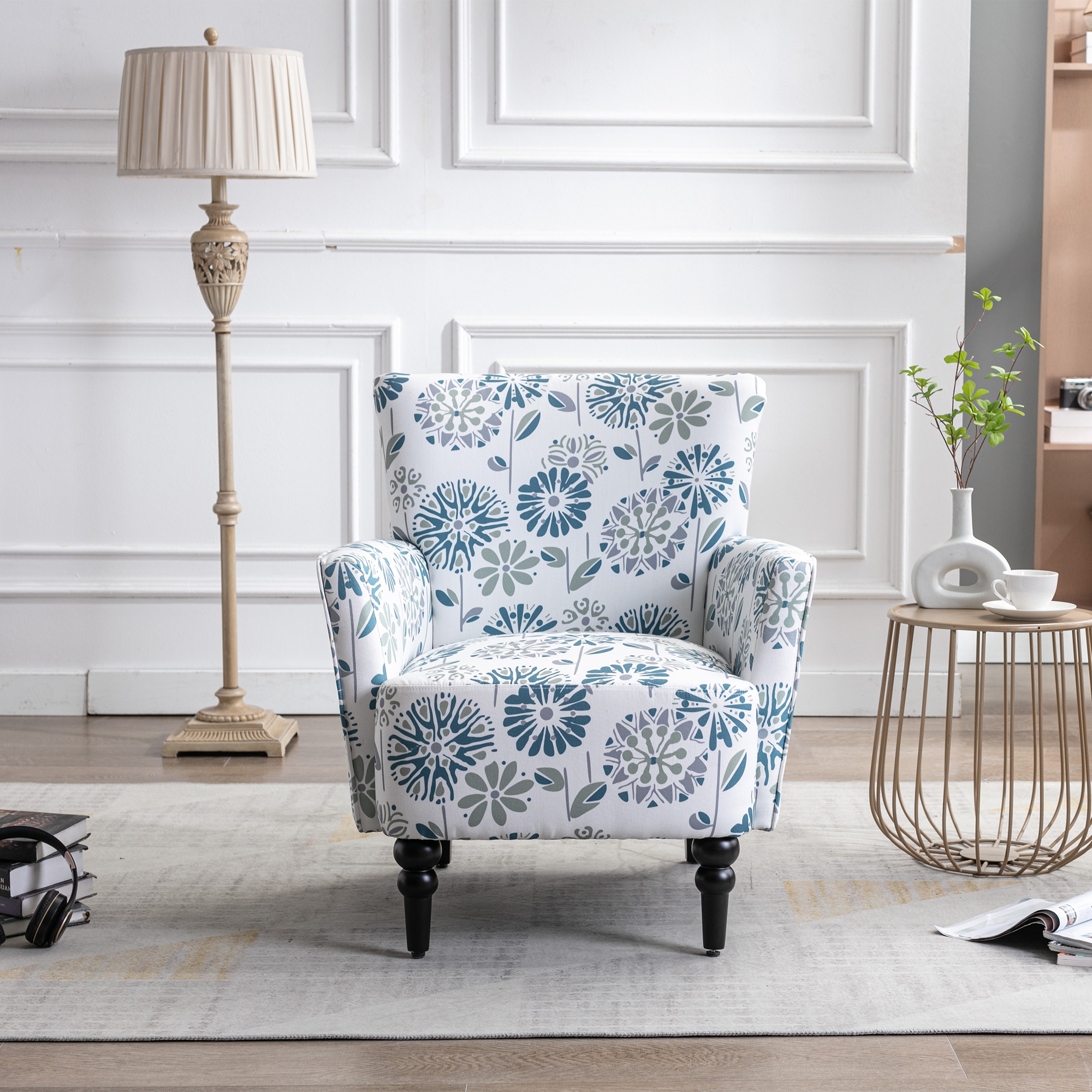 White sofa with hotsell blue accent chairs