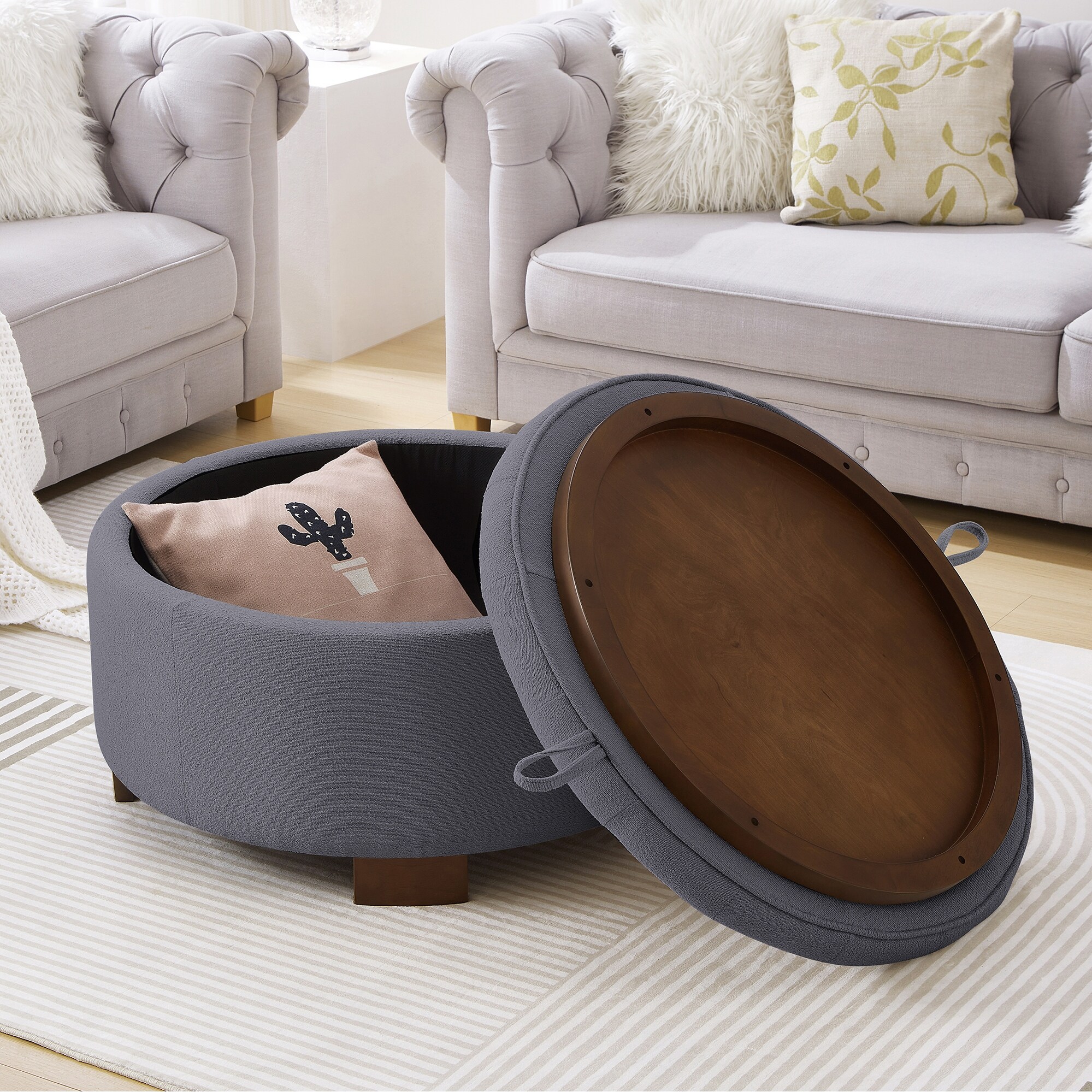 Round Storage Ottoman with Reversible Lid - Boucle Fabric