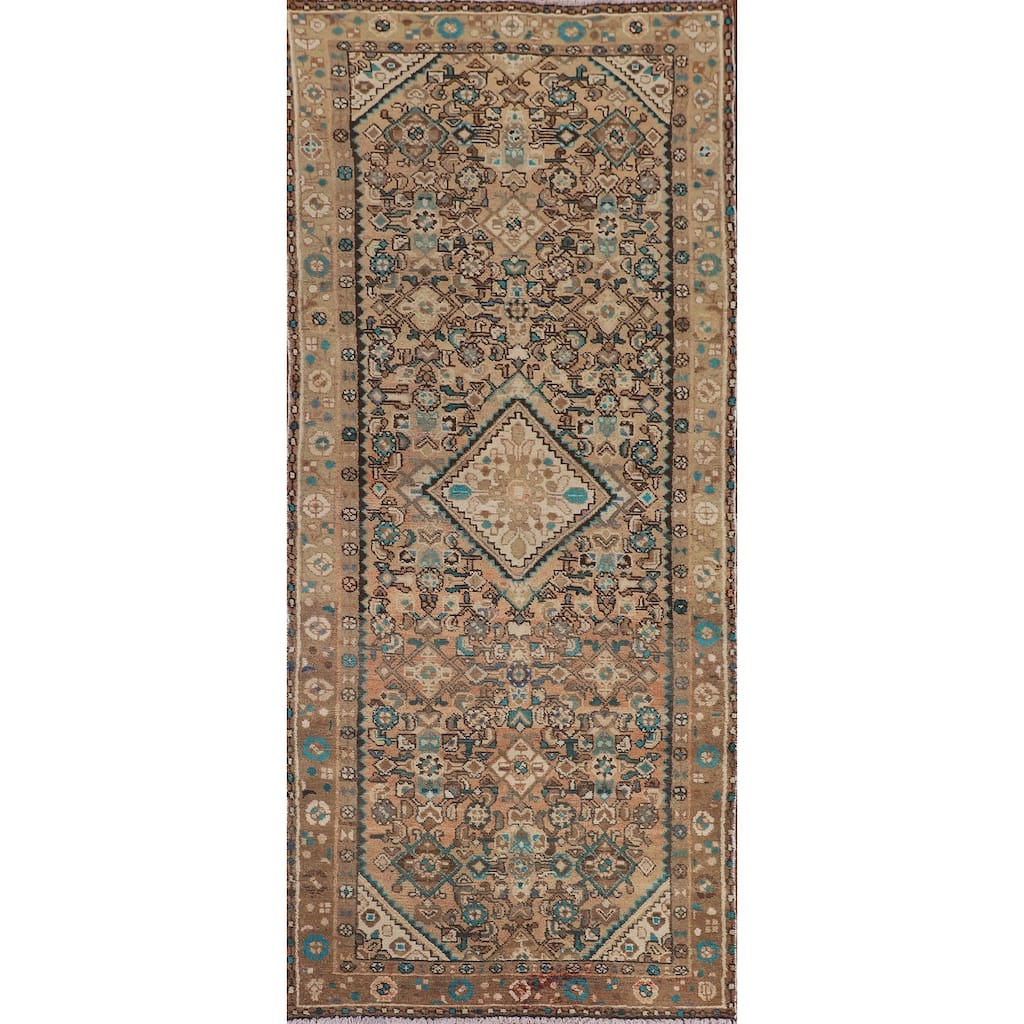 Geometric Hamedan Persian Vintage Runner Rug Handmade Wool Carpet - 3'5" x 9'5"