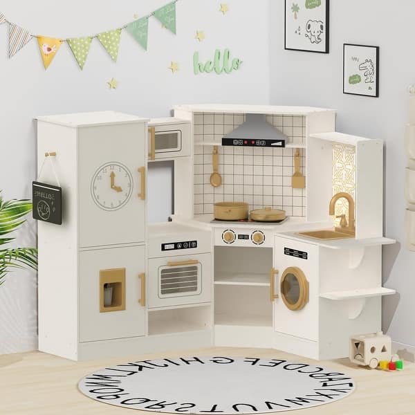 slide 2 of 8, White Coner Wooden Play Kitchen with Real Lights & Sounds, Trendy Home Style Kitchen Playset, Gift for Boys & Girls Ages 3+
